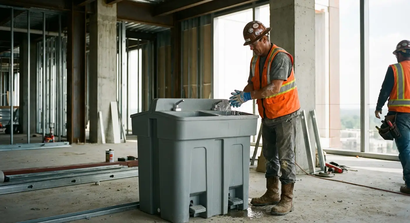 A dual-basin hand wash station positioned on a concrete floor of a high-rise construction site with the city skyline visible through open steel framing. in Delton, MI