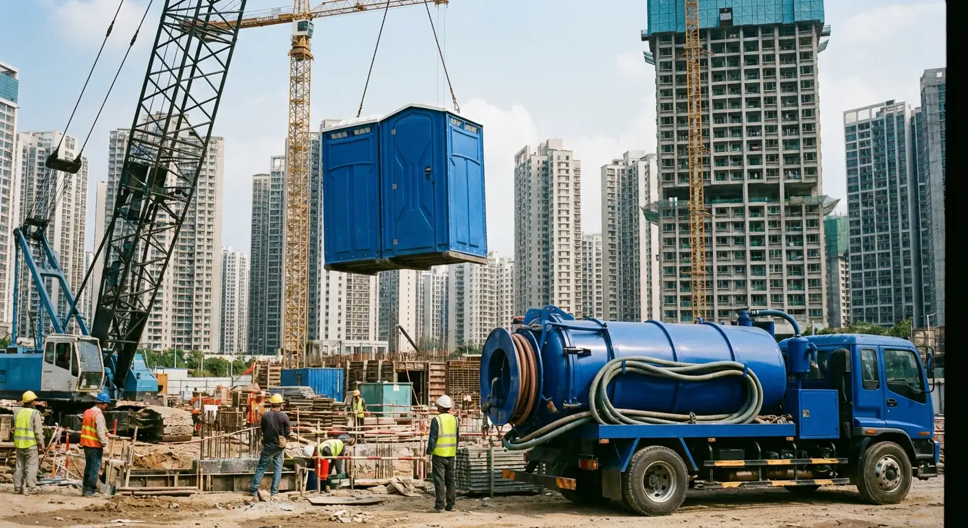 A High-Rise Crane Liftable Toilet unit suspended in mid-air by a crane against a city skyline during the day, showcasing the steel sling attachment. in Delton, MI
