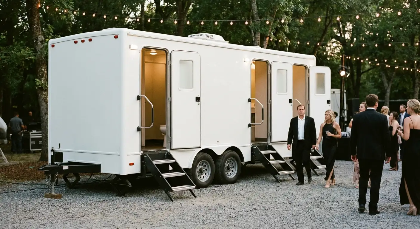 Exterior of a Luxury Restroom Trailer at an evening event, warm lighting spilling from the door, positioned discreetly near a manicured lawn. in Delton, MI