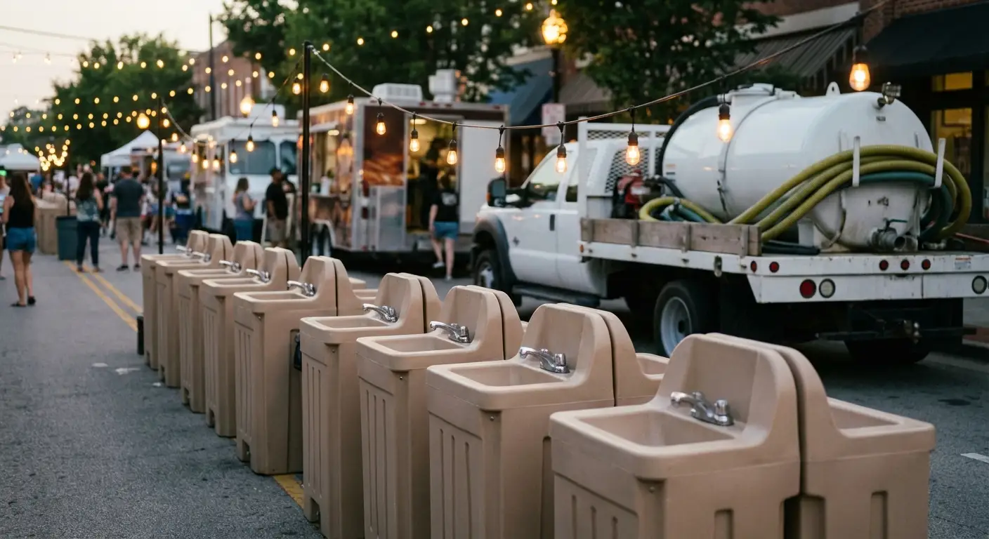 A row of clean, grey portable hand wash stations set up on pavement near food trucks, with blurred festival lights and crowd in the background. in Delton, MI