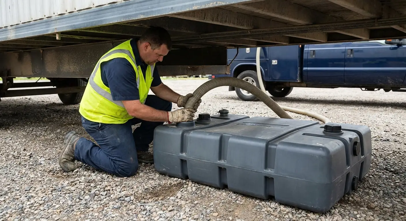Barry County Portables vacuum truck servicing a waste holding tank at a construction site in Delton, MI