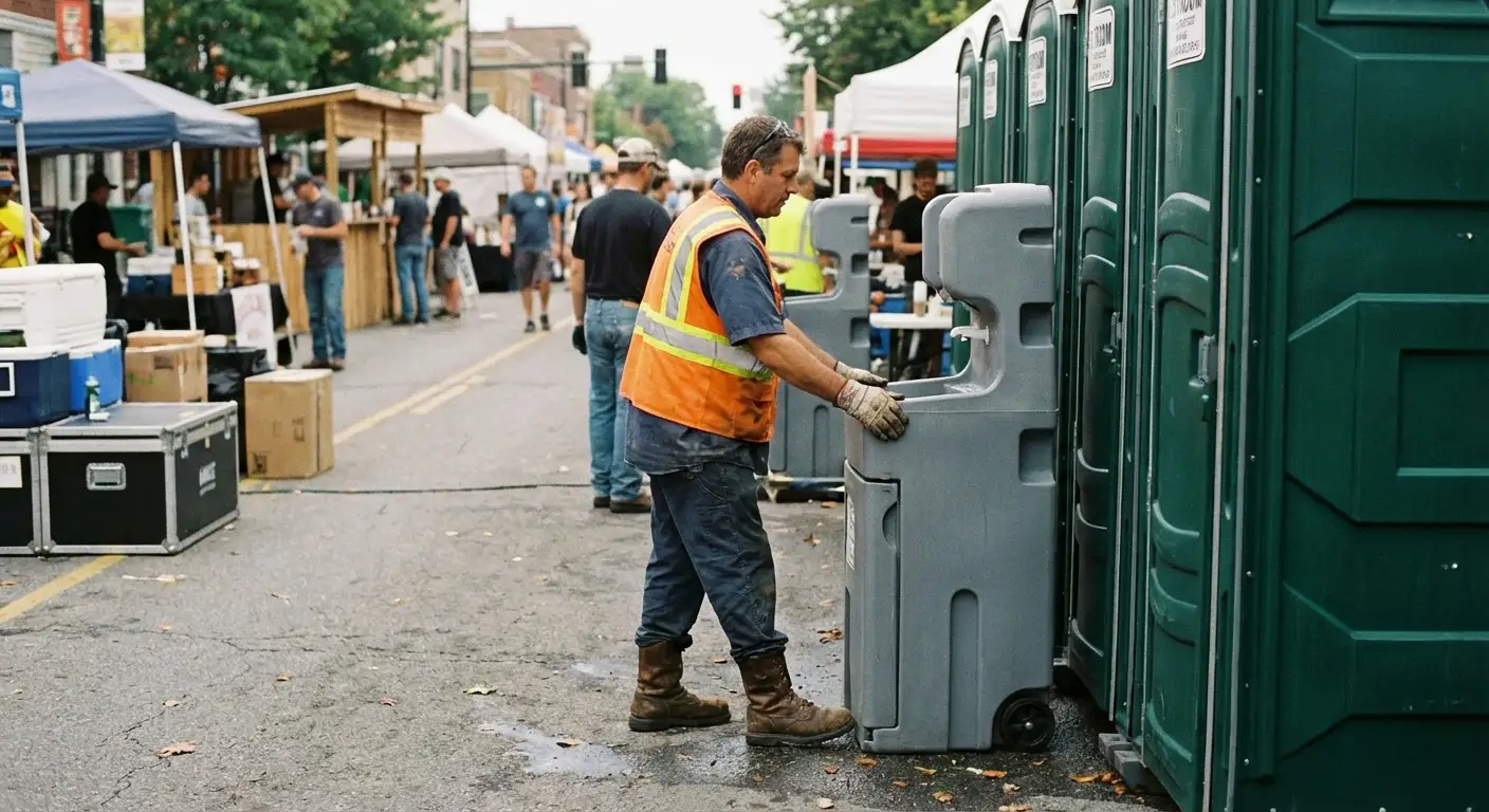 A row of pristine Special Event Portable Restrooms and hand wash stations lined up along a festival barrier with blurred crowds in the background. in Delton, MI