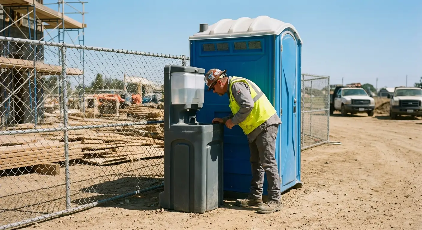 A close-up view of a portable hand wash station next to a portable toilet on a dirt construction site, focusing on the foot pump mechanism. in Delton, MI