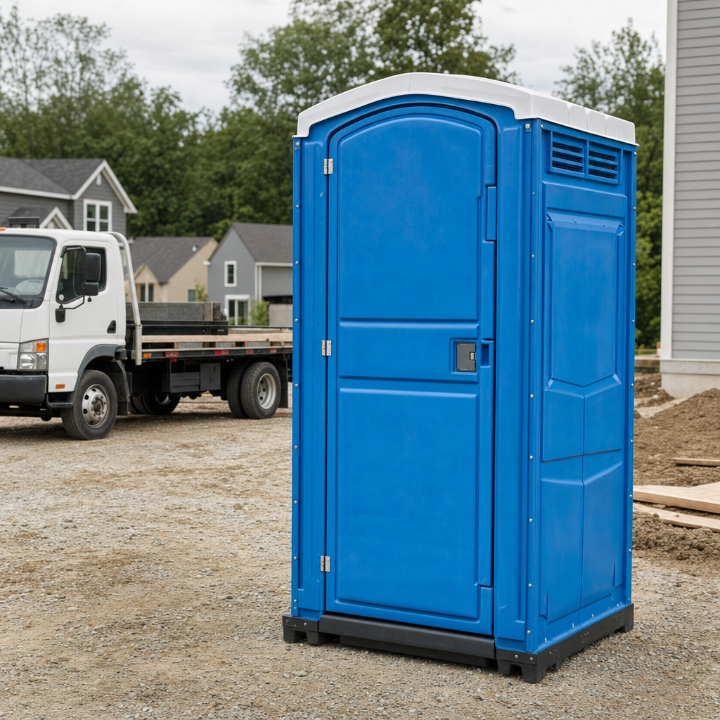 Delivery driver positioning a clean royal-blue portable toilet on level ground at a Delton worksite