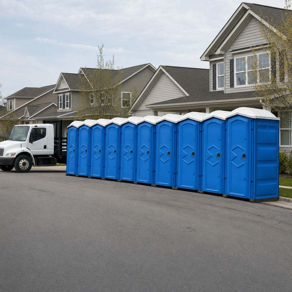 Royal blue portable toilets staged in a tidy row at a Delton jobsite, ready for delivery